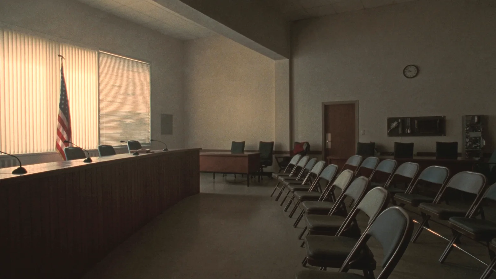 An empty school board meeting room