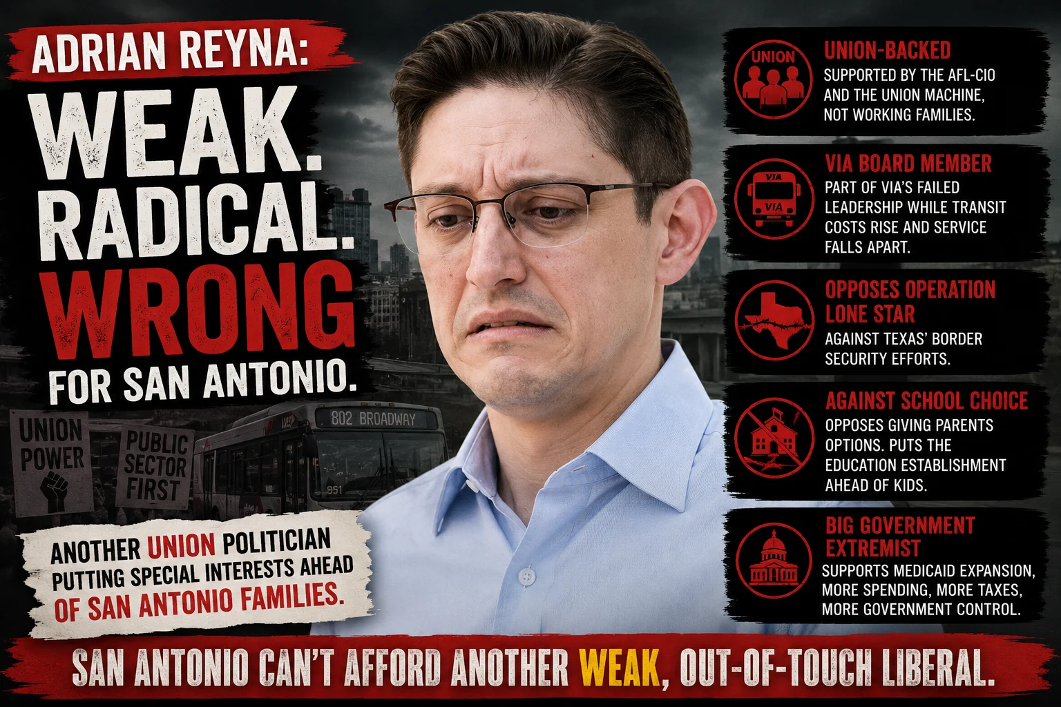 Adrian Reyna: Weak. Radical. Wrong for San Antonio.
